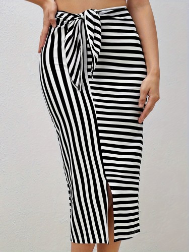 Striped Knot Front Bodycon Skirt, Casual High Waist Split Midi Skirt, Women's Clothing