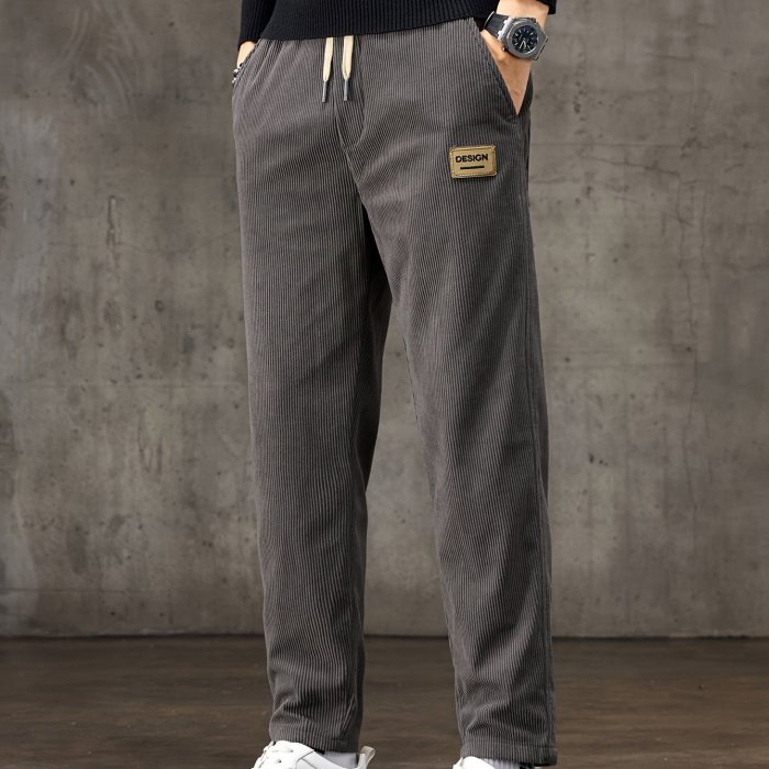 Men's Formal Drawstring Trousers Men's Design Print Corduroy Barrel Pants With Pockets, Formal Drawstring Trousers For Fall Winter Outdoor Activities Gift
