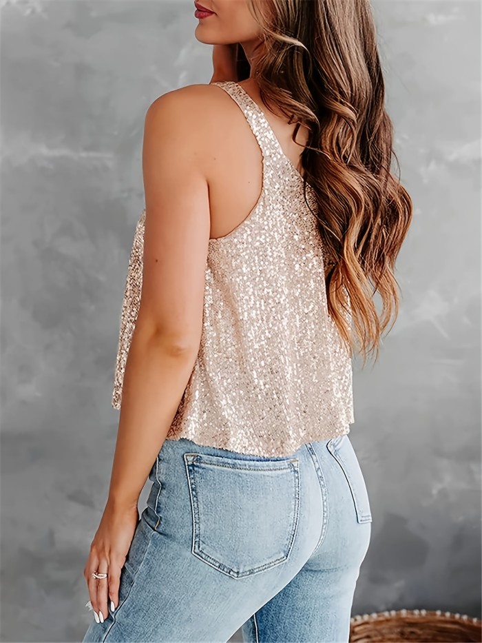 Elegant Sequin-Embellished Women's V-Neck Tank Top - Chic Sleeveless Party Blouse, Polyester and Spandex Blend, Machine Washable, Perfect for Spring\u002FSummer\u002FFall Events