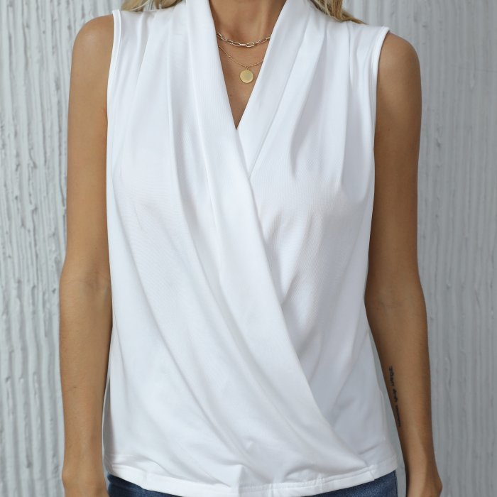 Elegant Solid White Cross-Front V-Neck Tank Top for Women - Chic Sleeveless Blouse, Polyester, Machine Washable, Ideal for Spring\u002FSummer