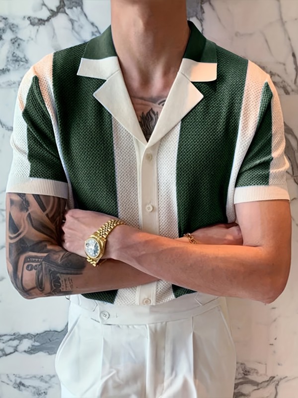 2025 Summer New Arrival Stripe Knitted Pullover Shirt, Casual High Lapel Collar, Loose Fashion, Daily Business Casual, Short Sleeve, Polyester, Regular Length, 230g\u002Fm², Knit Fabric, Medium Stretch, Color Block Pattern, Rib-Knit Details, Pullover Placket Type, for Men