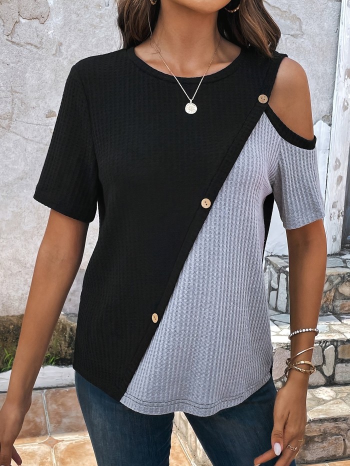 Women'S Color Block T-Shirt, Crew Neck Knit Polyester Top with Button Detail, Regular Length, 95% Polyester 5% Elastane, 180g\u002Fm² Fabric Weight - Spring\u002FSummer\u002FFall Fashion