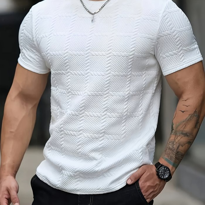 Men's Casual Jacquard Knit Short Sleeve T-Shirt - Stylish Brown Geometric Pattern, Round Neck, Machine Washable, All-Season Comfort Fit for Casual Attire