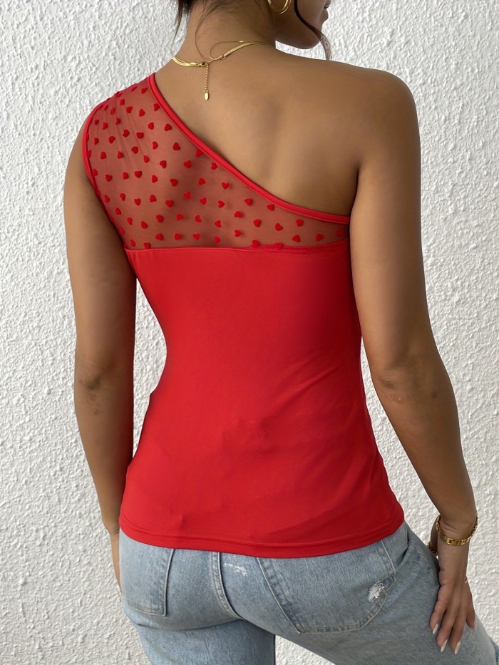 One Heart Print Mesh Top One Shoulder Heart Print Mesh Top, Sexy Sleeveless Asymmetrical Top, Women's Clothing