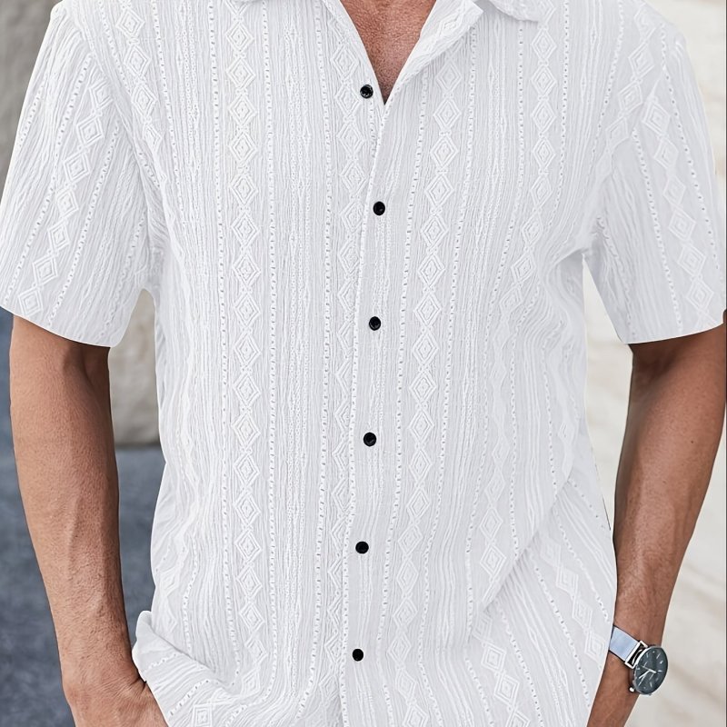 Men's Lightweight Summer Casual Shirt - Vintage-Inspired Knit Texture, Embossed Solid Color White, Short Sleeve with Collar, Button-Up, Breathable Polyester Blend, Ideal for Vacation
