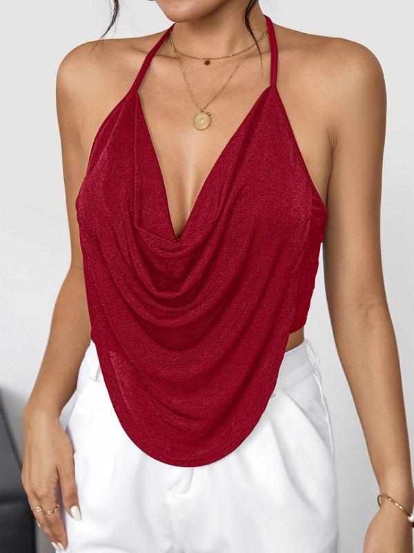 Elegant Olive Green Halter Neck Top - Sleeveless, Draped Front with Asymmetrical Hem, Polyester Blend, Machine Washable - Versatile & Stylish for All Seasons