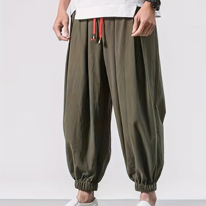 Regular Length Drawstring Hip-Hop Pants Men'S Casual Hip-Hop Pants, Polyester, Solid Color, Non-Stretch, Regular Length, All-Season, Drawstring Waist, Loose Fit, Mid-Waist, Woven, for Men