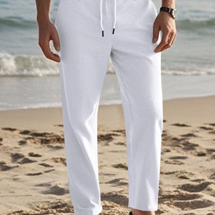 Men'S Drawstring Pants with Pockets Stylish Solid Casual Straight Leg Linen Trousers 3pcs