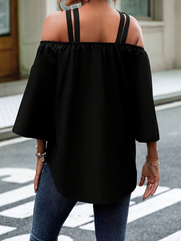 Elegant Off-Shoulder Top, Polyester Knit Fabric with Cross Strap Detail, Solid Color, Loose Fit, Chic Halter Neck Design, Versatile for All Seasons, Versatile Fashion | Offshoulder Apparel | Polyester Fabric