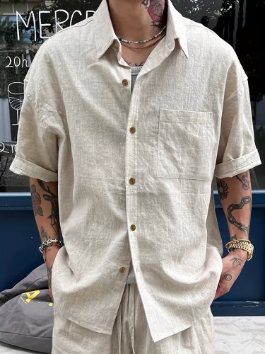 Summer Linen Blend Lapel Shirt Men's Solid Color Linen Blend Short Sleeve Lapel Shirt For Summer, Casual Chest Pocket Shirts As Gift