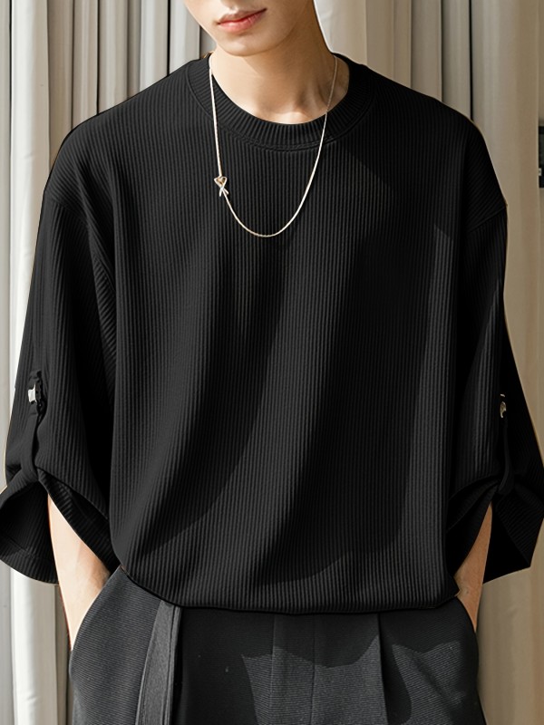 Polyester Knitted T-Shirt Casual Polyester Knitted T-Shirt - Short Sleeve, Buckle Design, O-Neck, Streetwear, Solid Color, Regular Fit