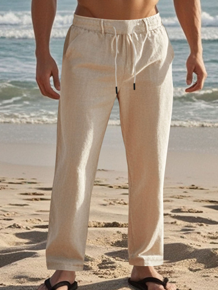 Men'S Drawstring Pants with Pockets Stylish Solid Casual Straight Leg Linen Trousers 3pcs