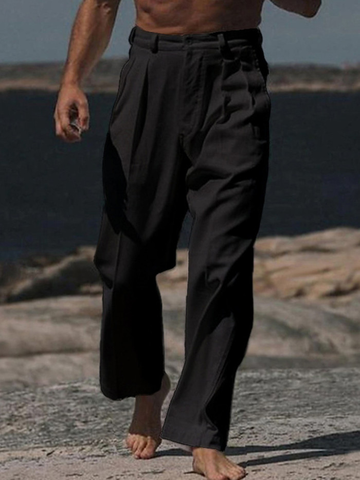Men'S Linen Pants Solid Color Mid Rise Breathable Loose Fit Trouses with Pockets