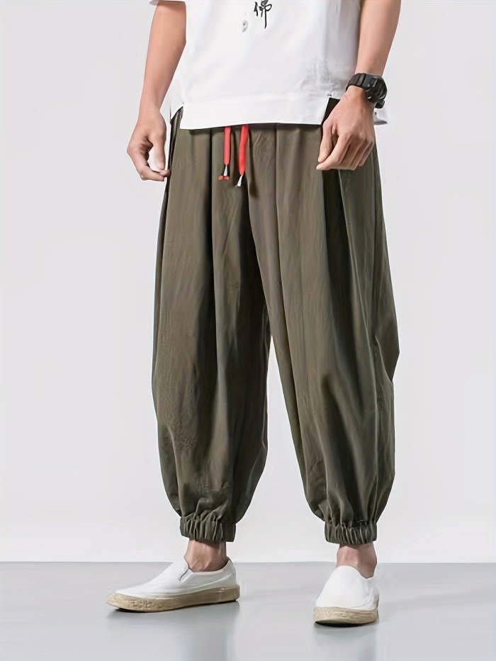 Regular Length Drawstring Hip-Hop Pants Men'S Casual Hip-Hop Pants, Polyester, Solid Color, Non-Stretch, Regular Length, All-Season, Drawstring Waist, Loose Fit, Mid-Waist, Woven, for Men