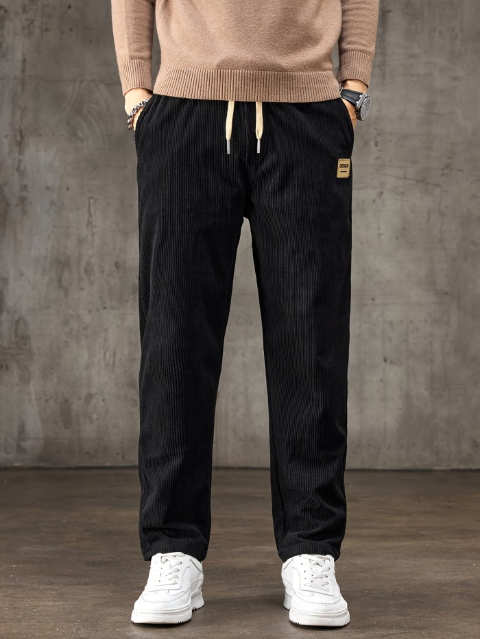 Men's Formal Drawstring Trousers Men's Design Print Corduroy Barrel Pants With Pockets, Formal Drawstring Trousers For Fall Winter Outdoor Activities Gift