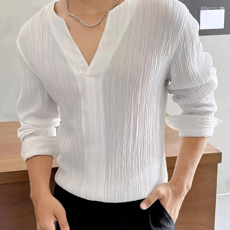 Sleek V-Neck, Men's Stylish Textured Long Sleeve T-Shirt - V-Neck, Solid Color, Polyester Blend, Machine Washable