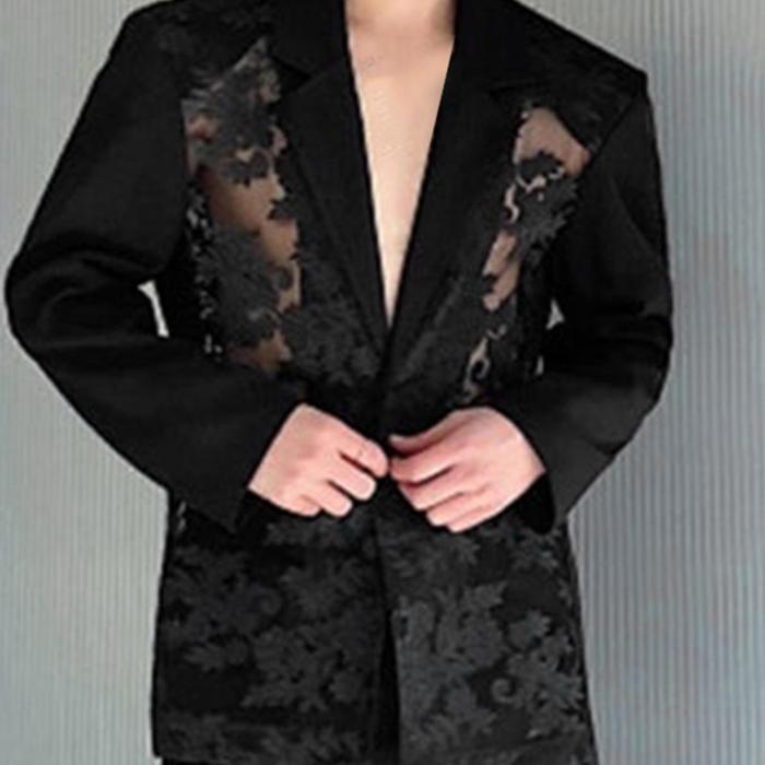 Men Sexy Lace Patchwork Sheer Lapel Collar Long Sleeve Stylish Party Nigthclub Cardigan Blazer Outerwear