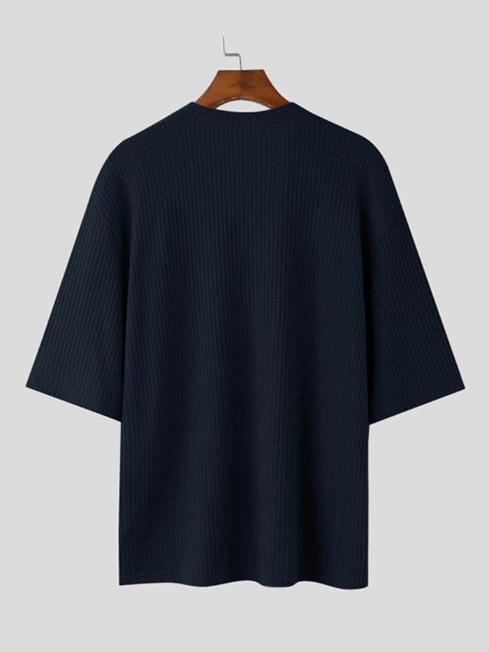 Men's Casual V-Neck Knit T-Shirt - Olive Green, Half Sleeve, Baggy Fit, Lightweight Textured Fabric, Ideal for Casual Attire