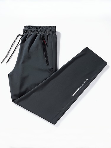 Casual Breathable Elastic Waist Pants Men's Letters Print Pants With Zipper Pockets, Casual Elastic Waist Thin Breathable Drawstring Trousers For Outdoor Activities Gift