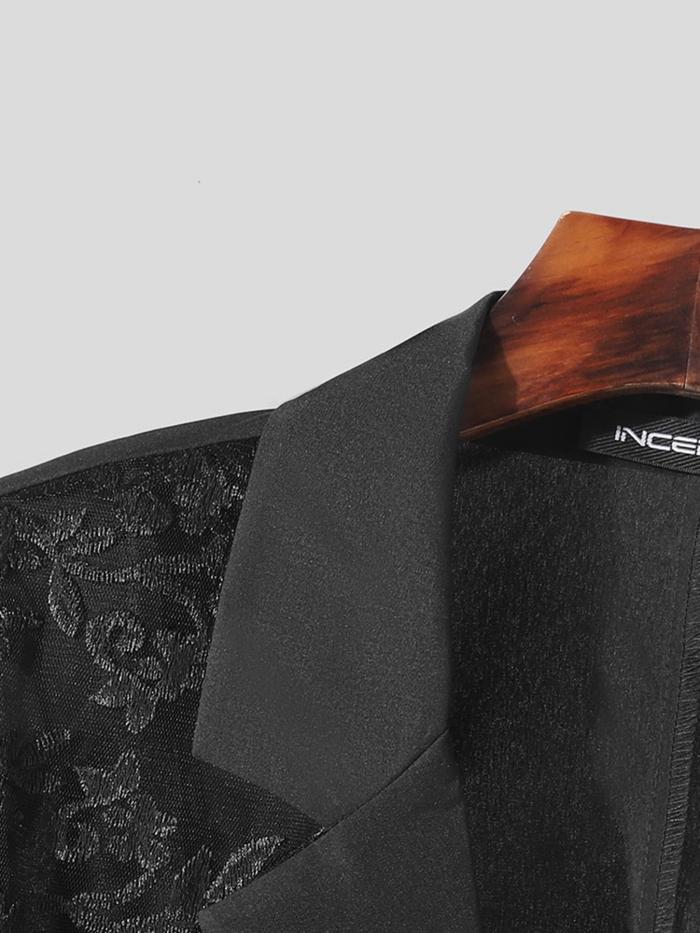 Men Sexy Lace Patchwork Sheer Lapel Collar Long Sleeve Stylish Party Nigthclub Cardigan Blazer Outerwear