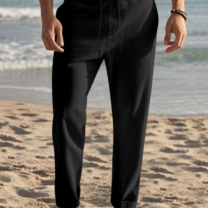 Men'S Drawstring Pants with Pockets Stylish Solid Casual Straight Leg Linen Trousers 3pcs