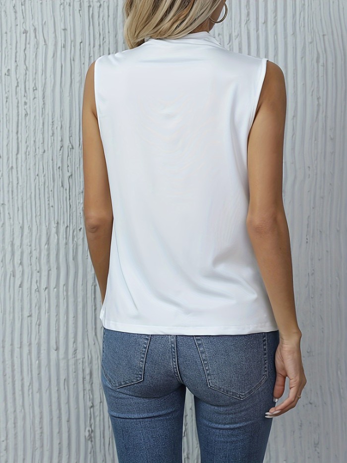 Elegant Solid White Cross-Front V-Neck Tank Top for Women - Chic Sleeveless Blouse, Polyester, Machine Washable, Ideal for Spring\u002FSummer