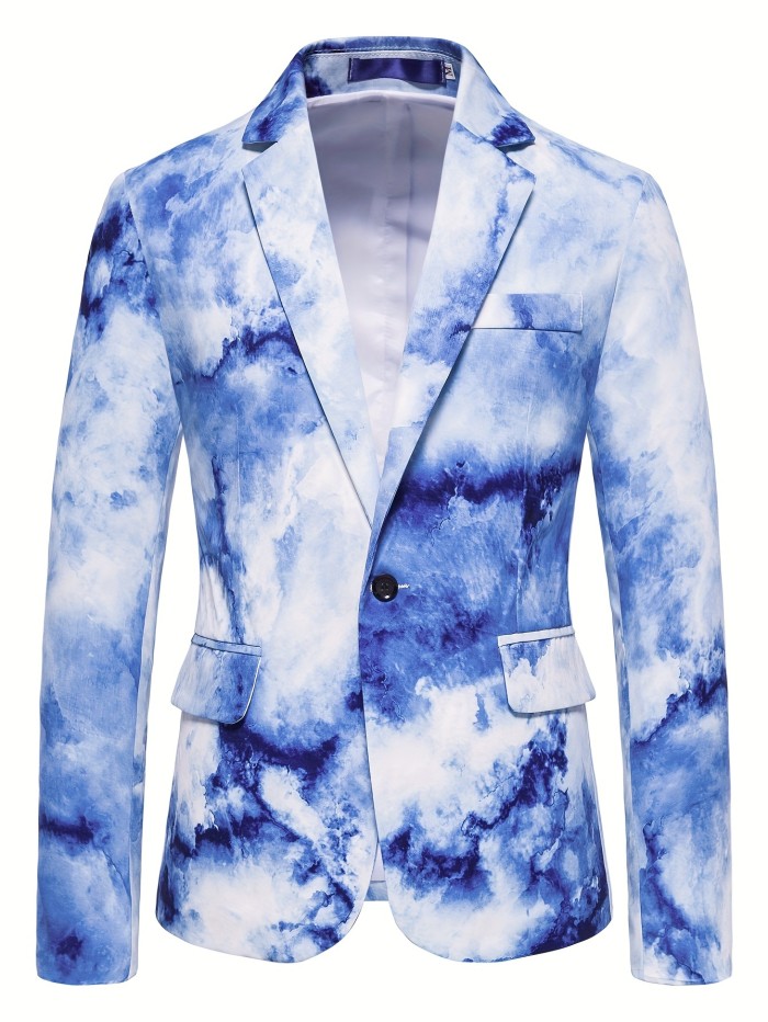 1pc Men's Polyester Blazer - Gradient Print, Lapel Collar, Button Closure, Non-Stretch, Skinny Fit for Night Out, Weekend - Fake Pockets Detail
