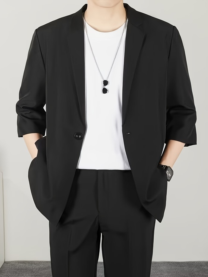 Korean Style Casual Blazer Lightweight Korean Style Men's Casual Blazer - 3\u002F4 Sleeves Polyester Suit Jacket in Solid Color, Machine Washable - Spring\u002FAutumn