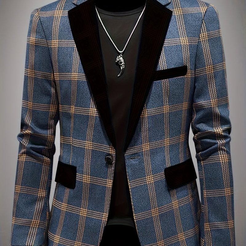 Casual Chic | Men's Stylish Casual Plaid Blazer - Light Blue and Beige, Polyester, Long Sleeve with Pockets, Machine Washable, Ideal for Spring\u002FFall, Autumn Jacket | Slim Fit Blazer | Structured Blazer Fit