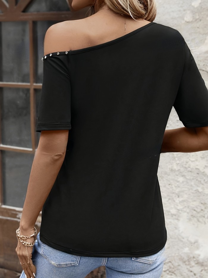 Elegant Style Women's Fashion Off-Shoulder T-Shirt, Casual Solid Color Knit Fabric Top with Rhinestone Detail, 95% Polyester 5% Elastane, All-Season Regular Length Tee, Allseason Apparel | Offshoulder Tee | Polyester Blend