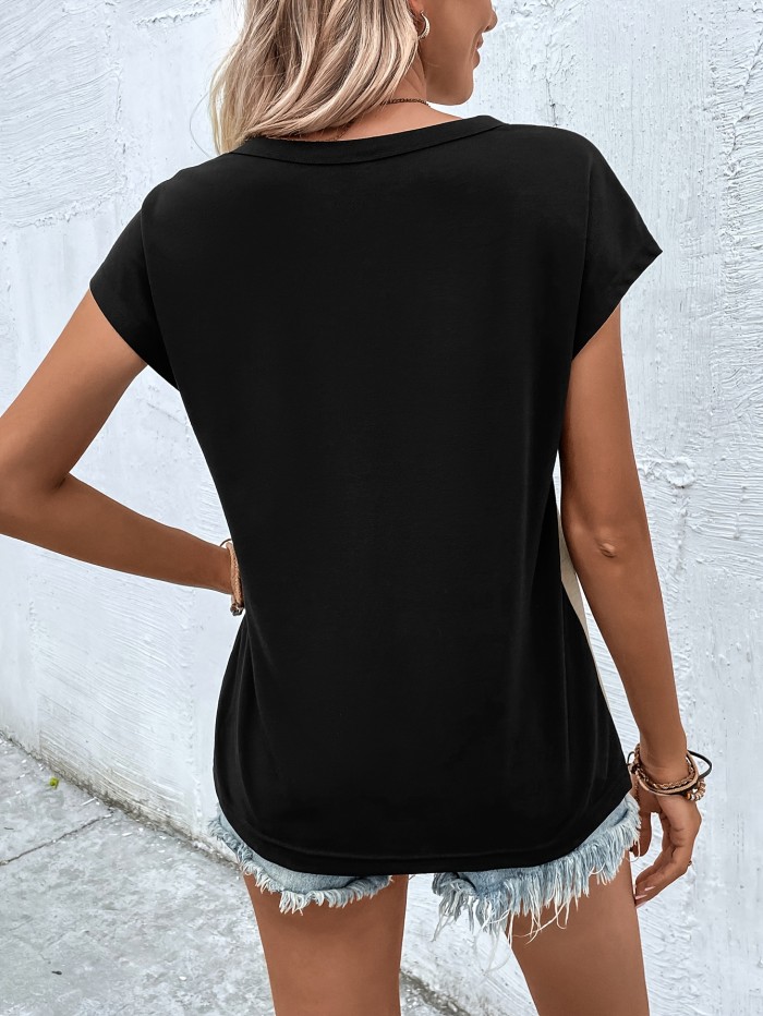 Women'S Color Block V-Neck T-Shirt with Button Detail - Short Sleeve, Casual Summer Top, Two-Tone Design, Summer Casual Wear | Button Detail Shirt | Stylish Layering Piece, Ladies T Shirts