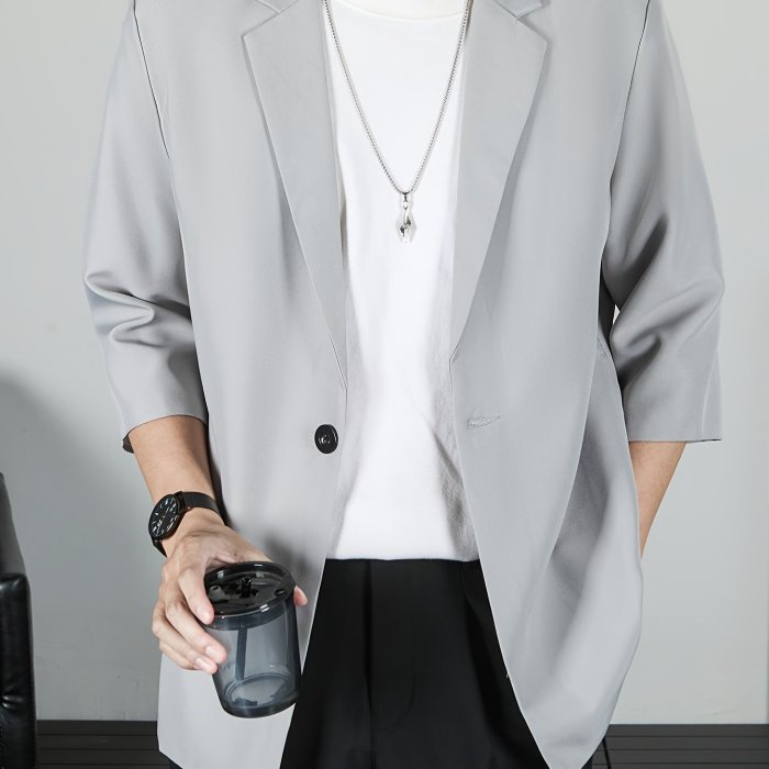 Korean Style Casual Blazer Lightweight Korean Style Men's Casual Blazer - 3\u002F4 Sleeves Polyester Suit Jacket in Solid Color, Machine Washable - Spring\u002FAutumn