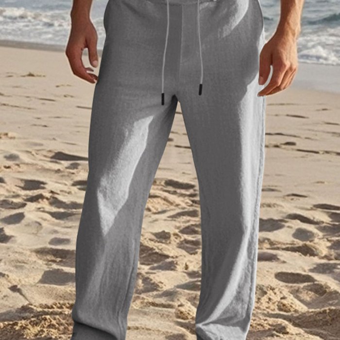 Men'S Drawstring Pants with Pockets Stylish Solid Casual Straight Leg Linen Trousers 3pcs
