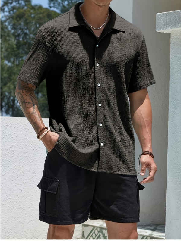 Mens Relaxed Fit Short Sleeve Lapel Shirt - Breathable, Moisture-Wicking Polyester Blend for Comfortable Summer Wear - Hand Wash or Dry Clean, Solid Color, Regular Length, Casual Fashion