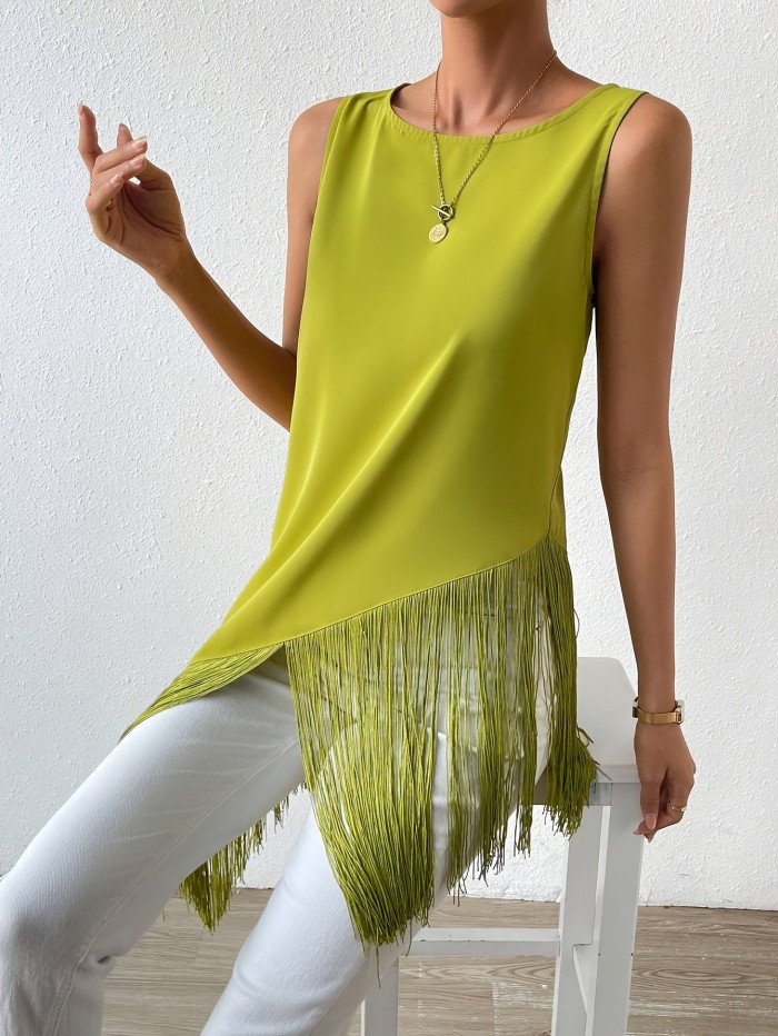 Fashionable Tank Top with a Round Neck And Fringe Hem