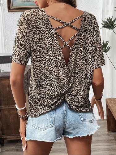 Women's Elegant Leopard Print Short Sleeve T-Shirt with Crisscross Back Detail - Polyester, Machine Washable, Ideal for Spring\u002FSummer Fashion, Leopard Print Blouse