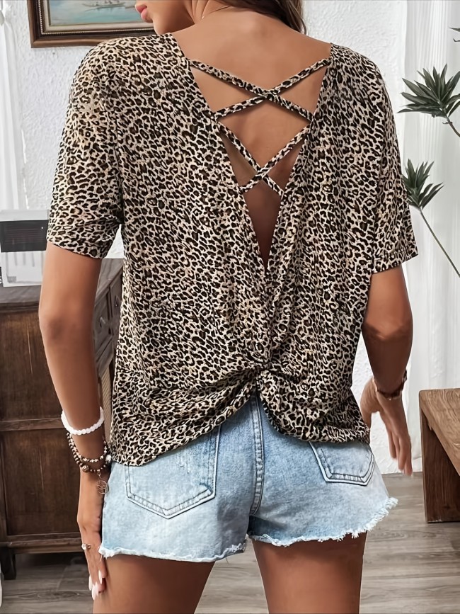 Women's Elegant Leopard Print Short Sleeve T-Shirt with Crisscross Back Detail - Polyester, Machine Washable, Ideal for Spring\u002FSummer Fashion, Leopard Print Blouse