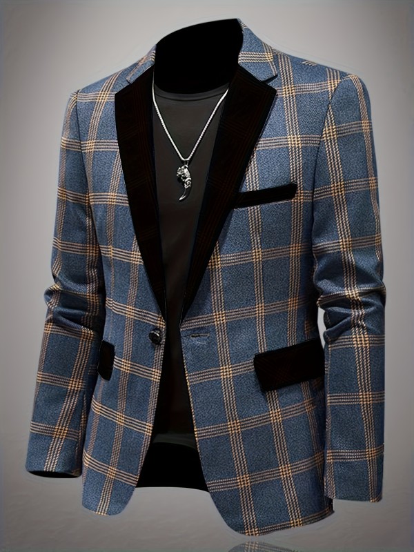 Casual Chic | Men's Stylish Casual Plaid Blazer - Light Blue and Beige, Polyester, Long Sleeve with Pockets, Machine Washable, Ideal for Spring\u002FFall, Autumn Jacket | Slim Fit Blazer | Structured Blazer Fit