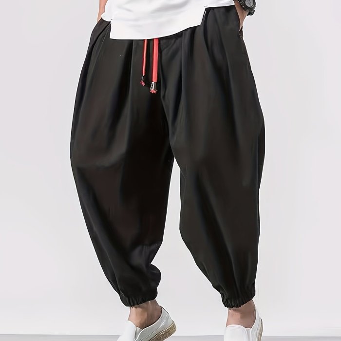 Regular Length Drawstring Hip-Hop Pants Men'S Casual Hip-Hop Pants, Polyester, Solid Color, Non-Stretch, Regular Length, All-Season, Drawstring Waist, Loose Fit, Mid-Waist, Woven, for Men