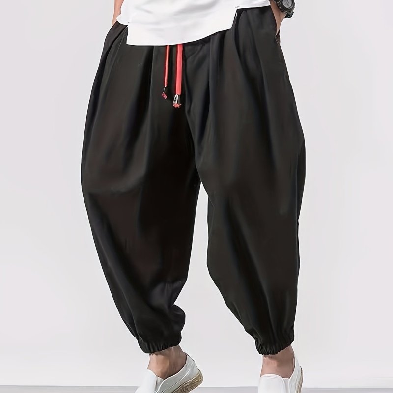 Regular Length Drawstring Hip-Hop Pants Men'S Casual Hip-Hop Pants, Polyester, Solid Color, Non-Stretch, Regular Length, All-Season, Drawstring Waist, Loose Fit, Mid-Waist, Woven, for Men
