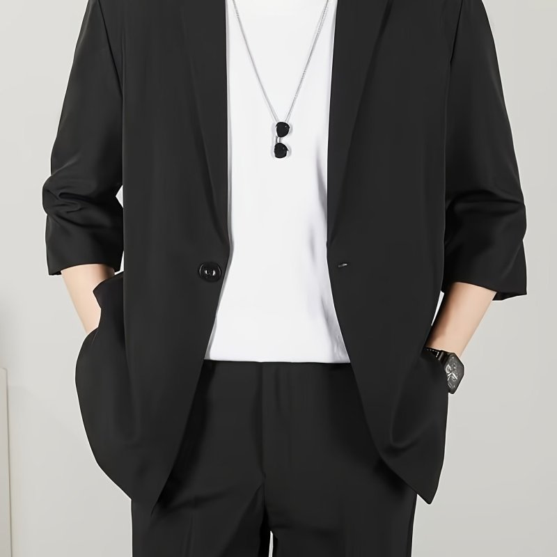 Korean Style Casual Blazer Lightweight Korean Style Men's Casual Blazer - 3\u002F4 Sleeves Polyester Suit Jacket in Solid Color, Machine Washable - Spring\u002FAutumn