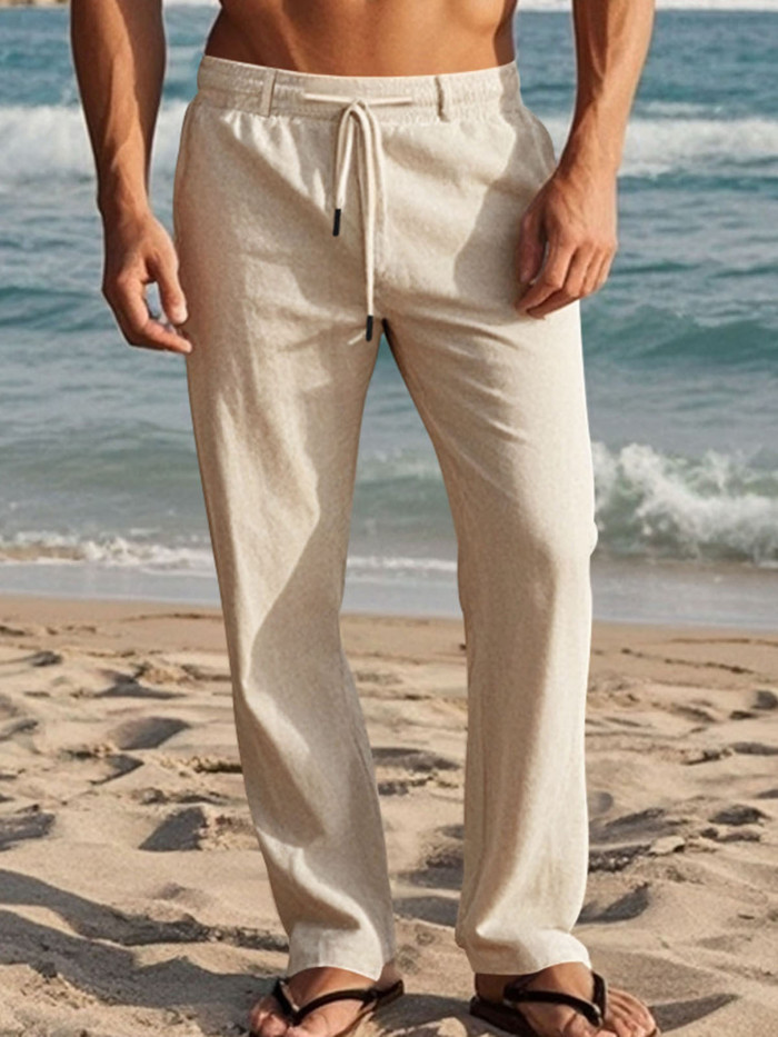 Men'S Drawstring Pants with Pockets Stylish Solid Casual Straight Leg Linen Trousers 3pcs