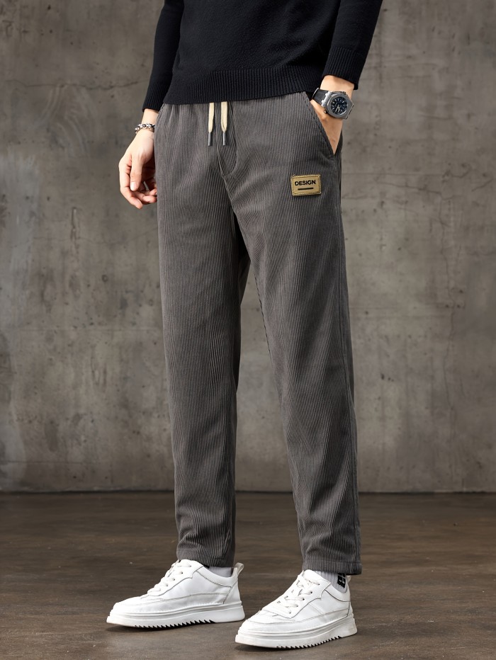 Men's Formal Drawstring Trousers Men's Design Print Corduroy Barrel Pants With Pockets, Formal Drawstring Trousers For Fall Winter Outdoor Activities Gift