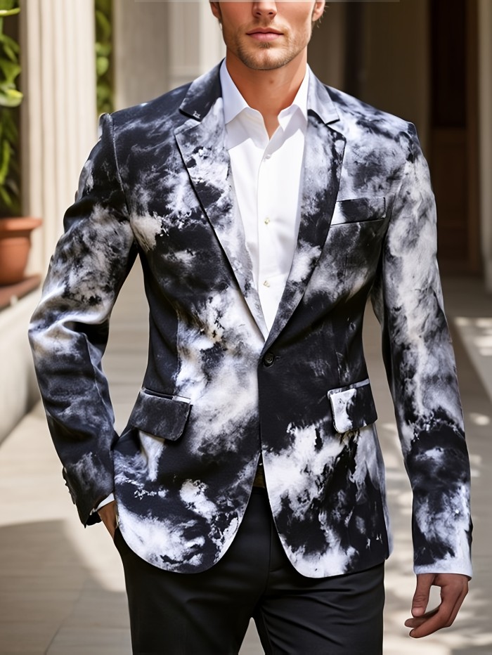 1pc Men's Polyester Blazer - Gradient Print, Lapel Collar, Button Closure, Non-Stretch, Skinny Fit for Night Out, Weekend - Fake Pockets Detail