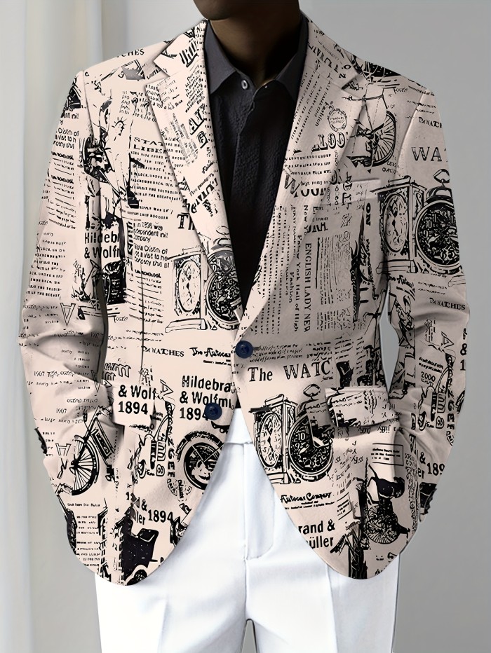 Newspaper Print Blazer Trendy Newspaper Print Blazer Jacket - Men's Casual Leisure Suit Coat - Business Casual Outerwear
