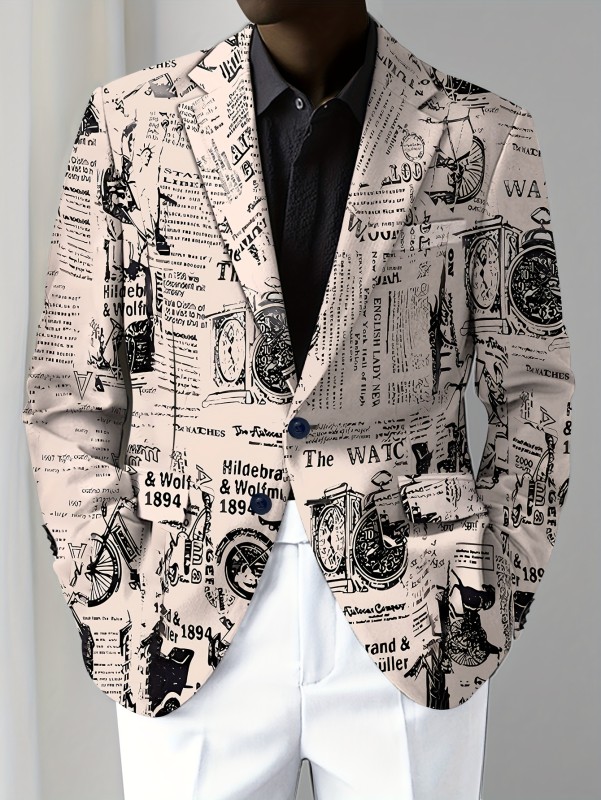 Newspaper Print Blazer Trendy Newspaper Print Blazer Jacket - Men's Casual Leisure Suit Coat - Business Casual Outerwear