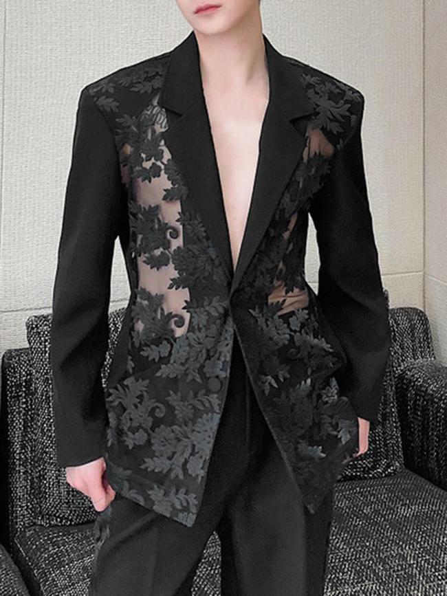 Men Sexy Lace Patchwork Sheer Lapel Collar Long Sleeve Stylish Party Nigthclub Cardigan Blazer Outerwear