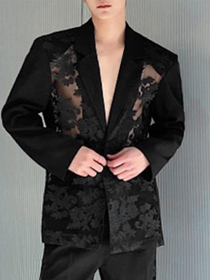Men Sexy Lace Patchwork Sheer Lapel Collar Long Sleeve Stylish Party Nigthclub Cardigan Blazer Outerwear