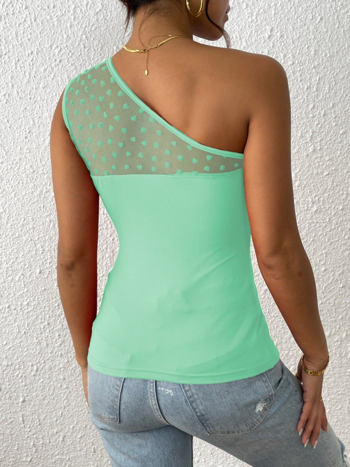 One Heart Print Mesh Top One Shoulder Heart Print Mesh Top, Sexy Sleeveless Asymmetrical Top, Women's Clothing