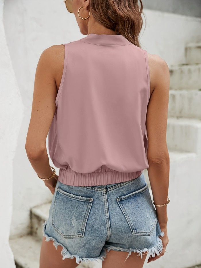 Elegant Surplice Neck Tank Top - Tie Front Sleeveless Pleated For Spring & Summer - Women's Clothing